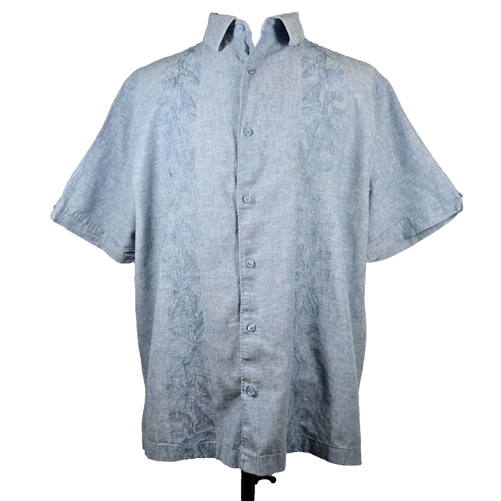 Cubavera Shirt Mens Size XL Linen Light Blue Embroidered Button Up Short Sleeve